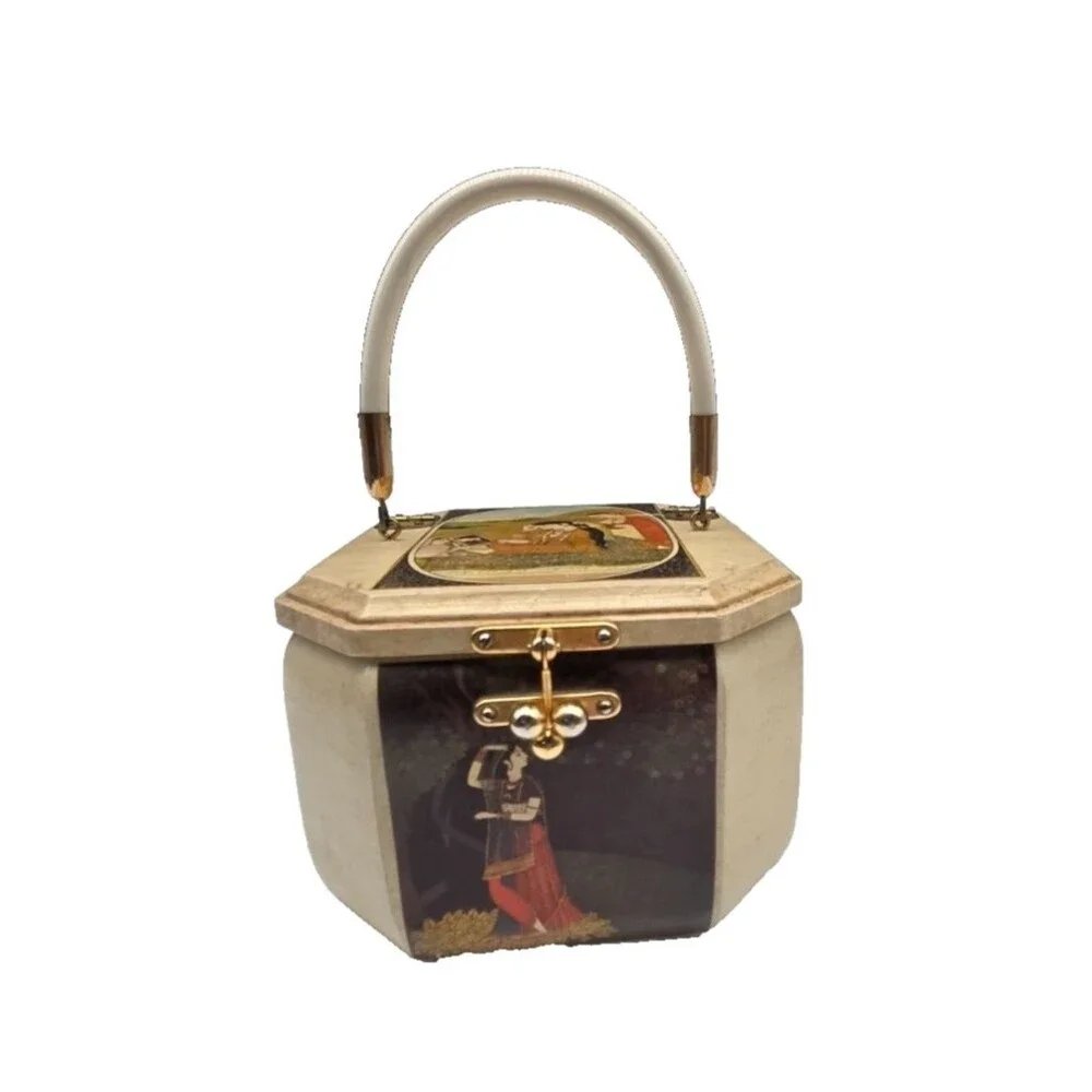 Vintage 1970s Wooden Lacquer Box Purse Indian Motif Felt Lining
